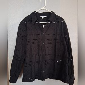 Chico's NWT Classic Collar Shirt Ember Eyelet Button Down Black Top 3.5/18